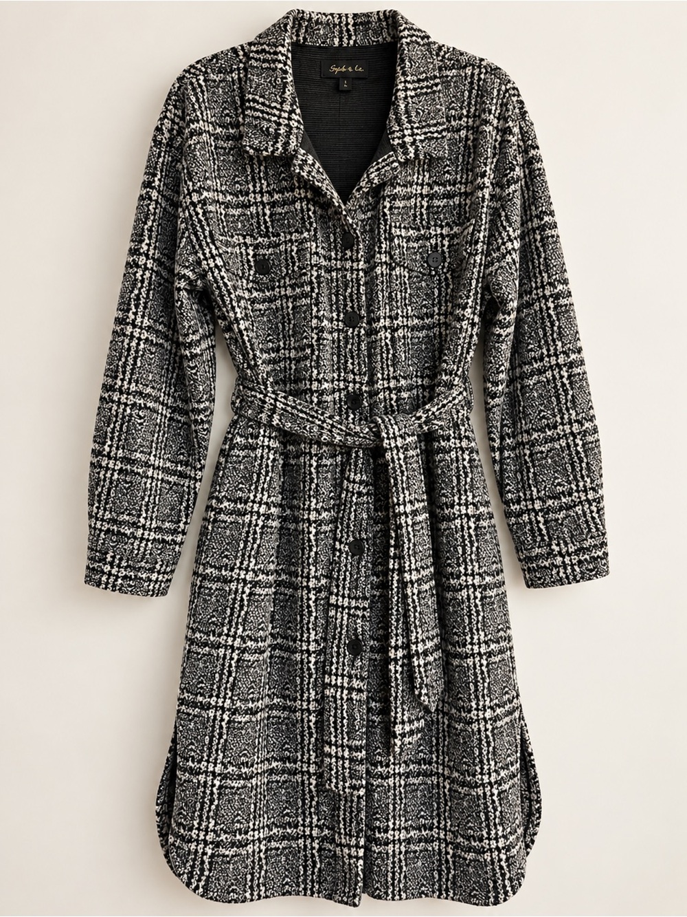 Sugar Rain Black & White Plaid Belted Sweater Coat | Size Large